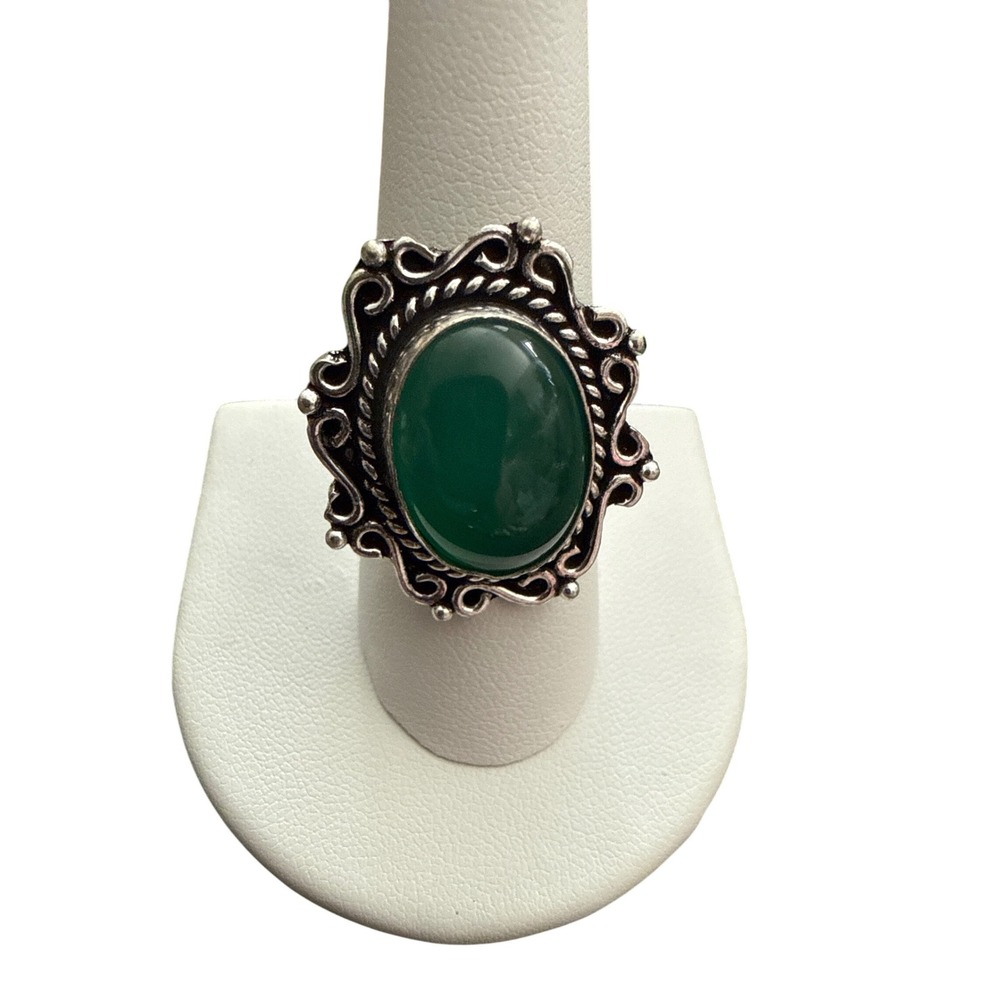 Green Onyx Statement Ring German Silver Ornate Vintage Style Boho Size 8